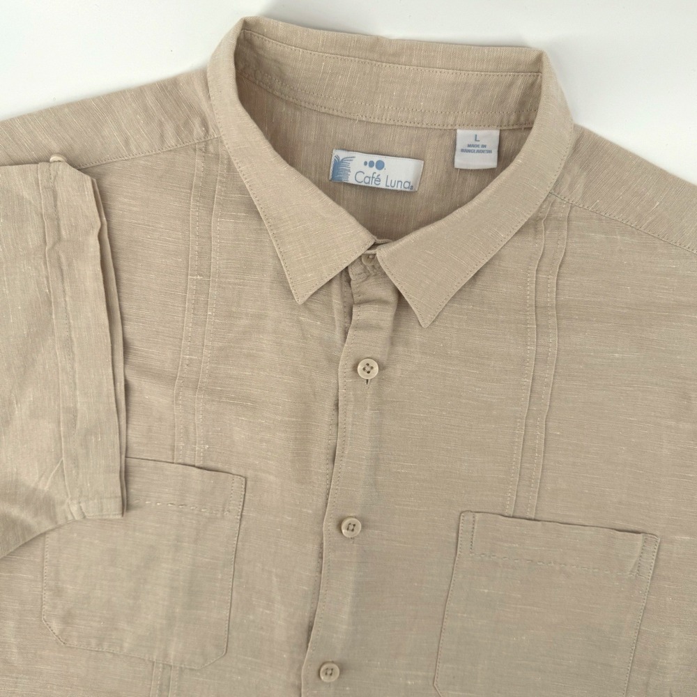 Cafe Luna Mens Large Tan Khaki Linen Cotton Short Sleeve Guayabera Button Shirt